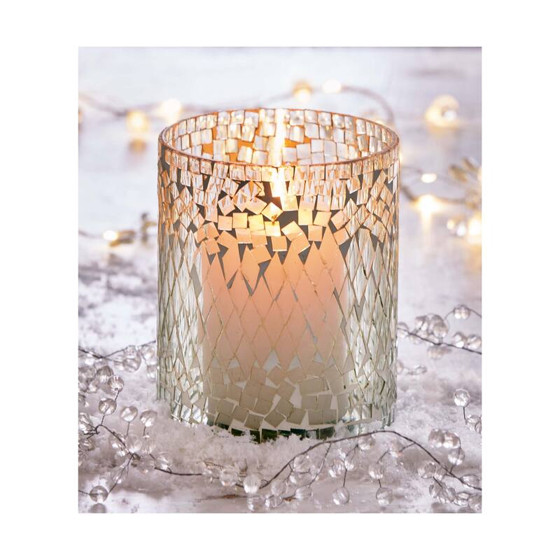 Maia Mosaic Hurricane Candle Holder - White Glass Pillar Holder for Everyday Use, 6" H x 5" L x 5" W