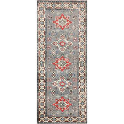 Geometric Grey Kazak Oriental Runner Rug Hand-Knotted Wool Carpet - 2'2" x 5'11"