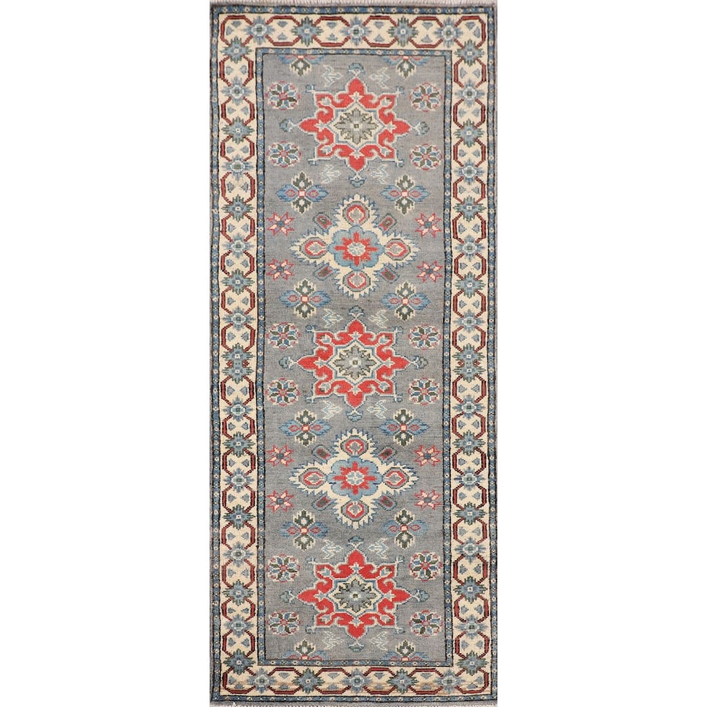 Geometric Grey Kazak Oriental Runner Rug Hand-Knotted Wool Carpet - 2'2" x 5'11"