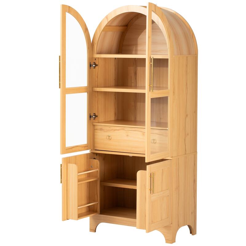 Arched Kitchen Pantry Cabinet with Hidden Drawer & Glass Door, Storage Cabinet with Door Shelves & Adjustable Shelves
