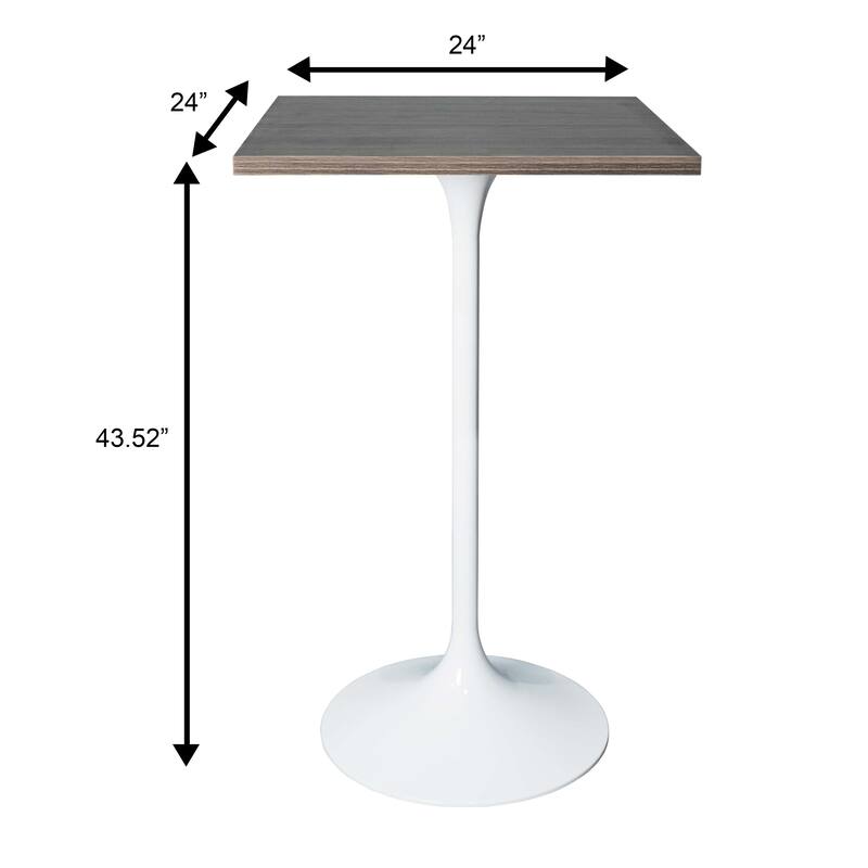 Verve 43 in. Tall Bar Height Dining Table Square MDF Wood Tabletop in White Stainless Steel Pedestal Base Accent Bar Table