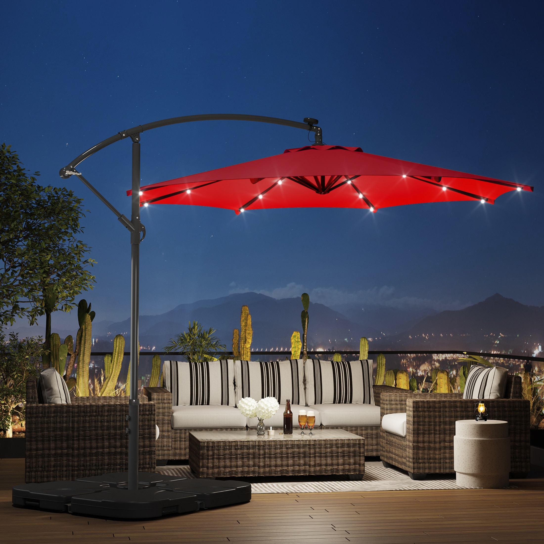 10 foot patio umbrella with solar lights 10/11/12ft LED Round Cantilever Block out the shining sun during the day and create a romantic space during the evening with this amazing 10 ft LED cantilever umbrella 10 Feet Hawaiian Style Solar