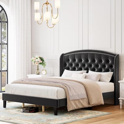 King Velvet Upholstered Platform Bed Frame with Wingback Tufted Headboard & Wood Slat Support, No Box Spring Needed