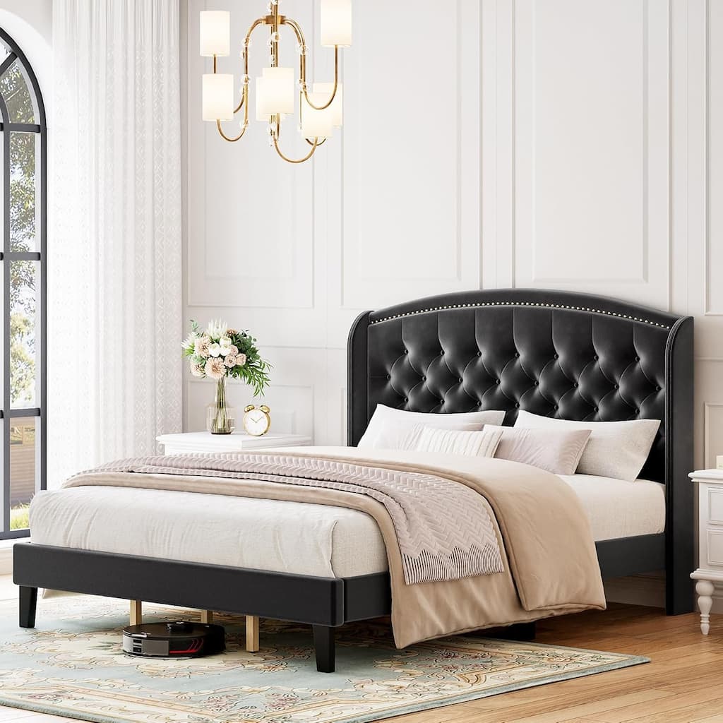 King Velvet Upholstered Platform Bed Frame with Wingback Tufted Headboard & Wood Slat Support, No Box Spring Needed