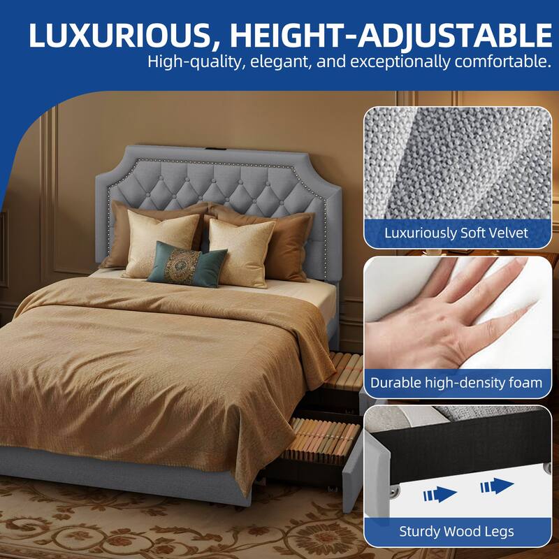 Moasis Velvet/Linen Upholstered Bedframe with Adjustable Headboard and 4 Storage Drawers