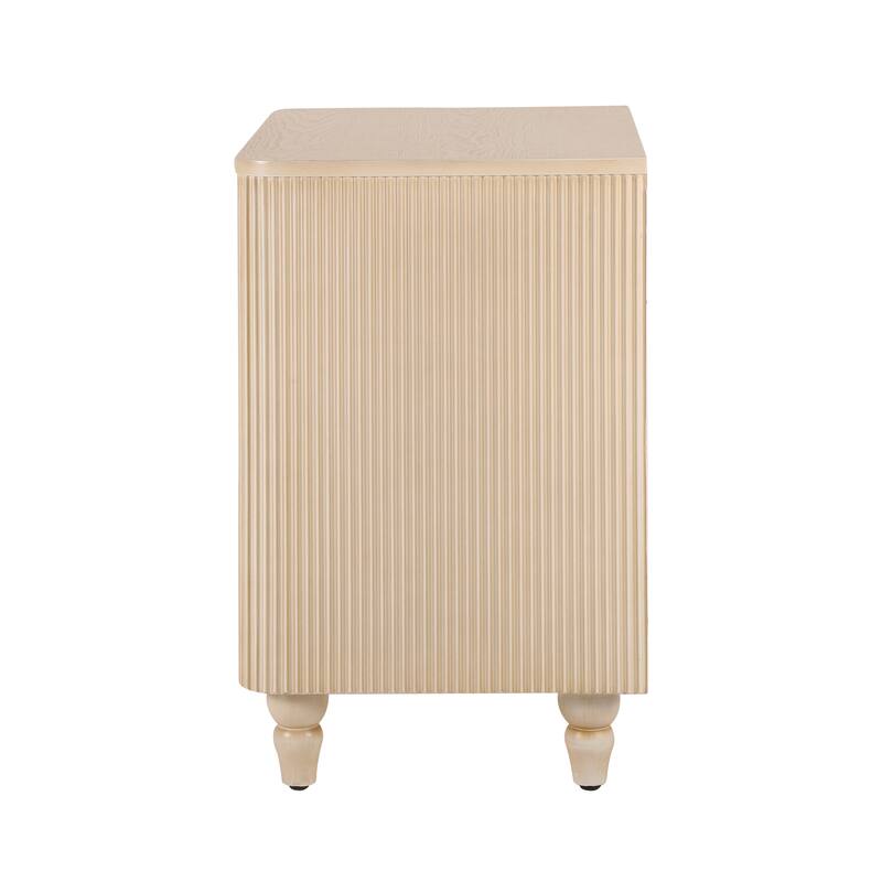 Mid-Century Fluted 3-Drawer Nightstand - Curved Profile + Wide Gold Glossy Handles, Easy Assembly Bedside/End Table (Champagne)