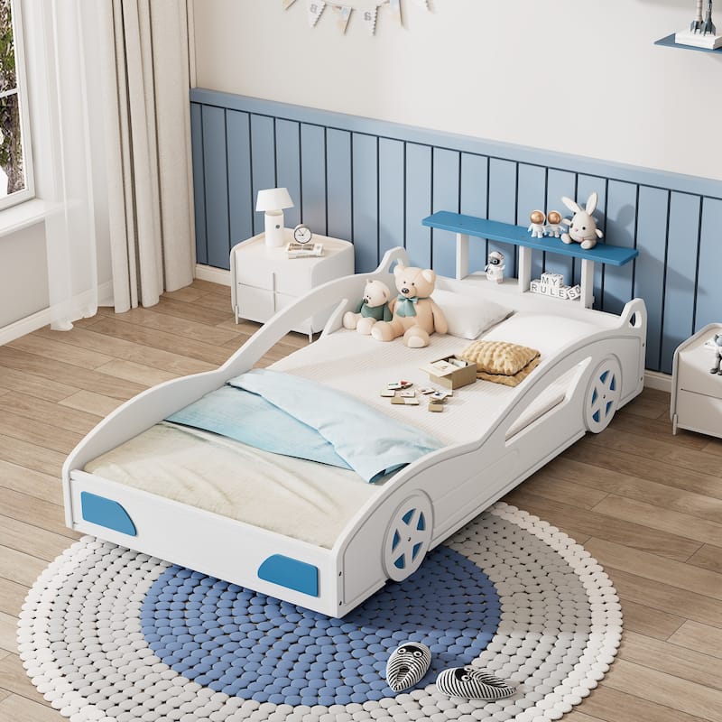 Wooden Race Car Shaped Platform Twin Bed with Wheels