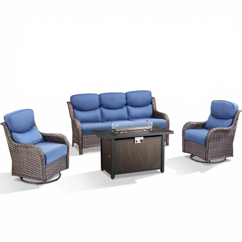 Pocassy Patio Sofa Swivel Chair Set with 43" Fire Pit Table