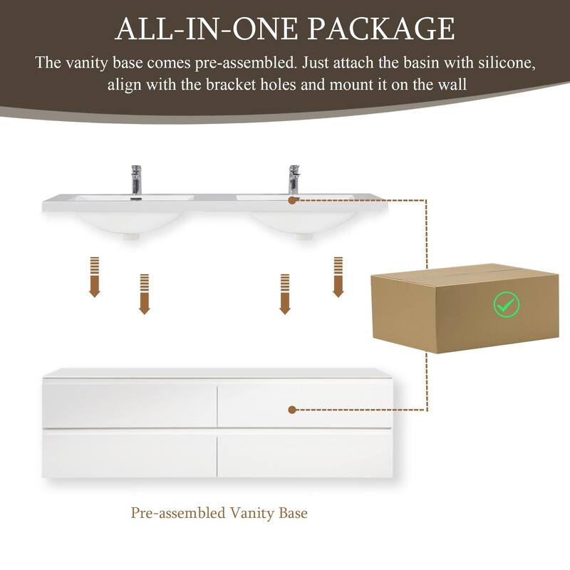 Modern Wall-Mounted Bathroom Vanity with White Solid Surface Top