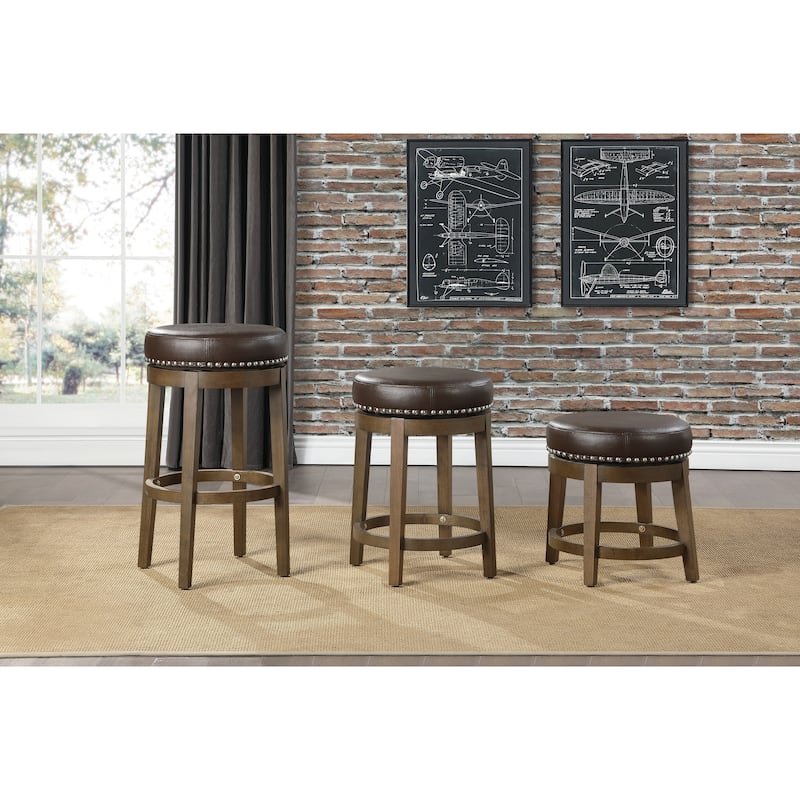 2-Piece Round Swivel Bar Stool Set - Brown Faux Leather with Nailhead Trim & Brown Frame