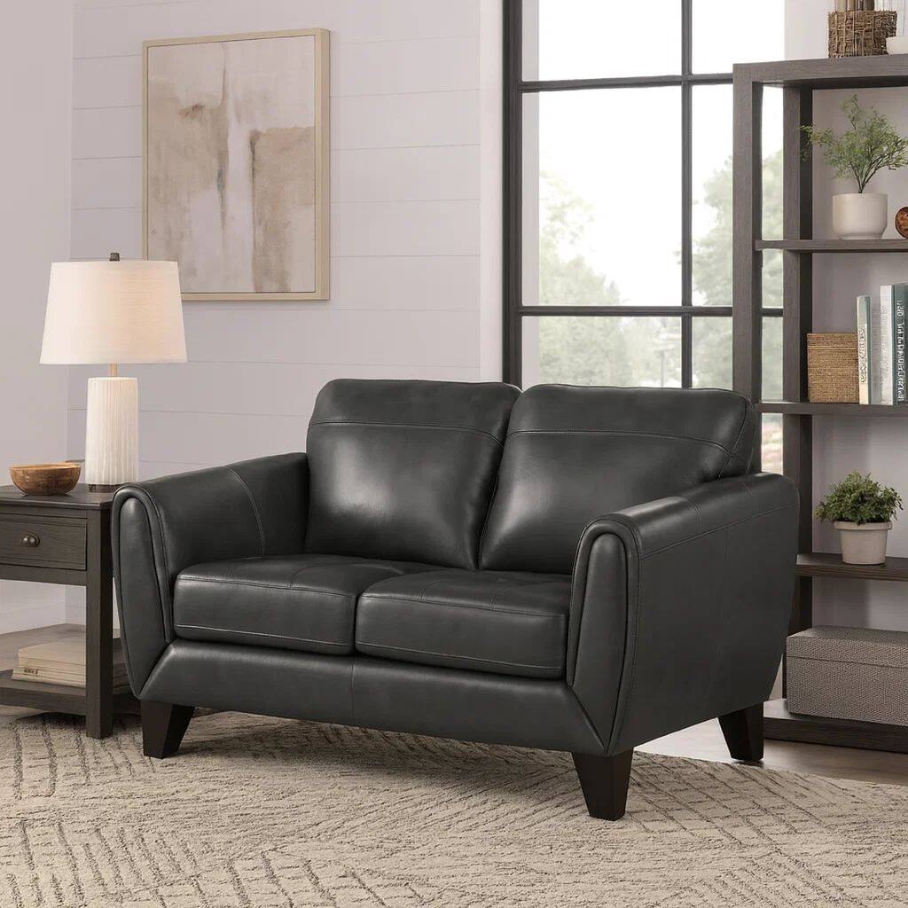 Sofy 61 Inch Loveseat, Dark Gray Top Grain and Faux Leather, Solid Wood