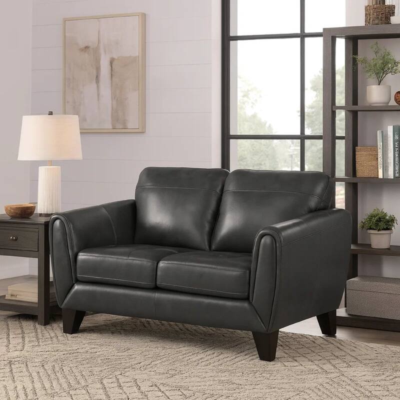 Sofy 61 Inch Loveseat, Dark Gray Top Grain and Faux Leather, Solid Wood