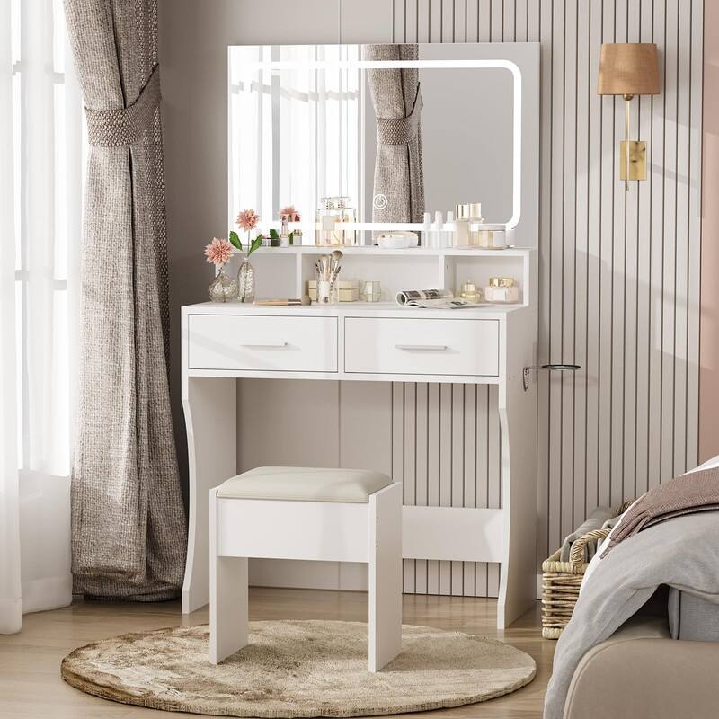 Makeup Table Set with 2 Drawers, Open Shelves, Charging Station & Stool