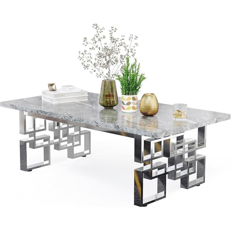 Faux Marble Coffee Table with Metal Legs for Living Room Office - Gray
