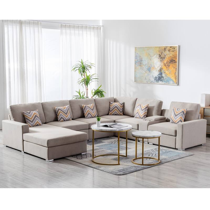 Linen Fabric 7 Piece U-Shaped Reversible Chaise Sectional Sofa with Storage Console Table and 6 Pillows