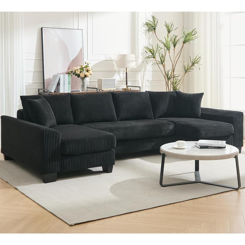 U Shaped Sofa Convertible Pull Out Sleeper Sofa Bed, 2 in 1 Recliner Sectional Couch, Corduroy Upholstery Daybed with Pillow
