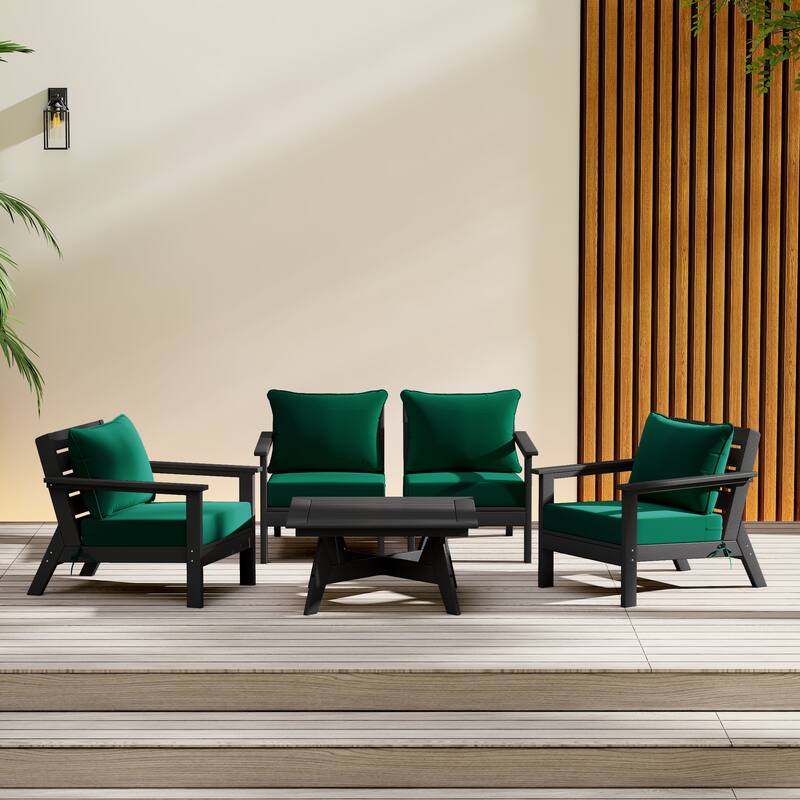 Birchwood All Weather HDPE Outdoor Patio Black Deep Seating Conversation Set (5-Piece Set) - Black/Green