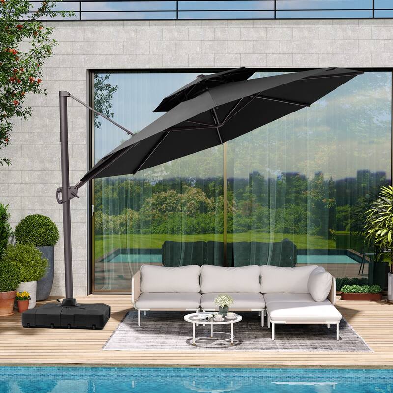 VredHom Dual Wind Vent Offset Cantilever Patio Umbrella with Base - Black