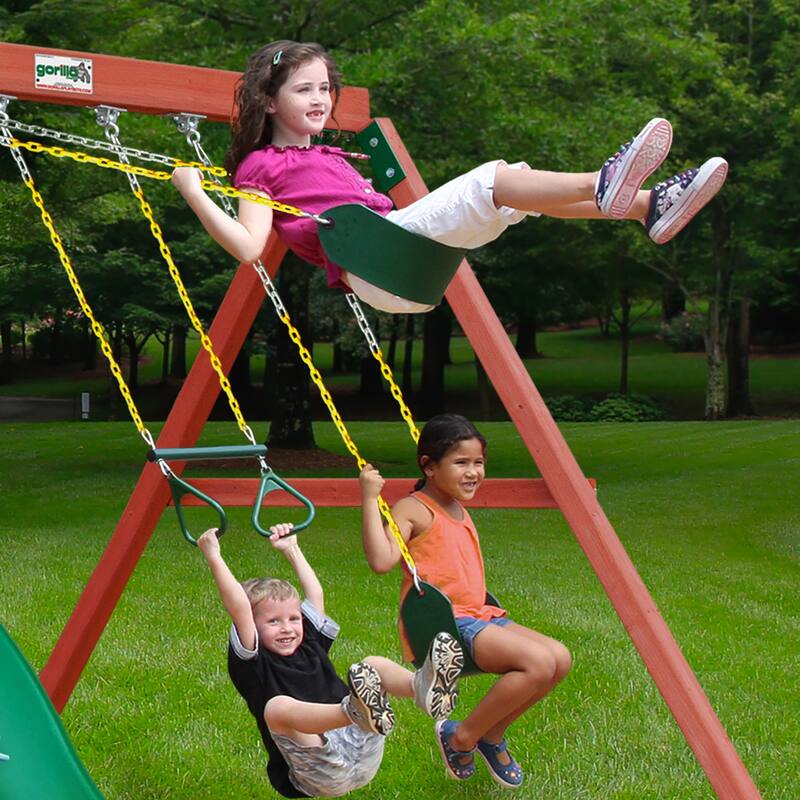 Gorilla Playsets Nantucket II Wood Swing Set with Wave Slide - Redwood - 15.5 ft W x 13 ft D x 10.5 ft H