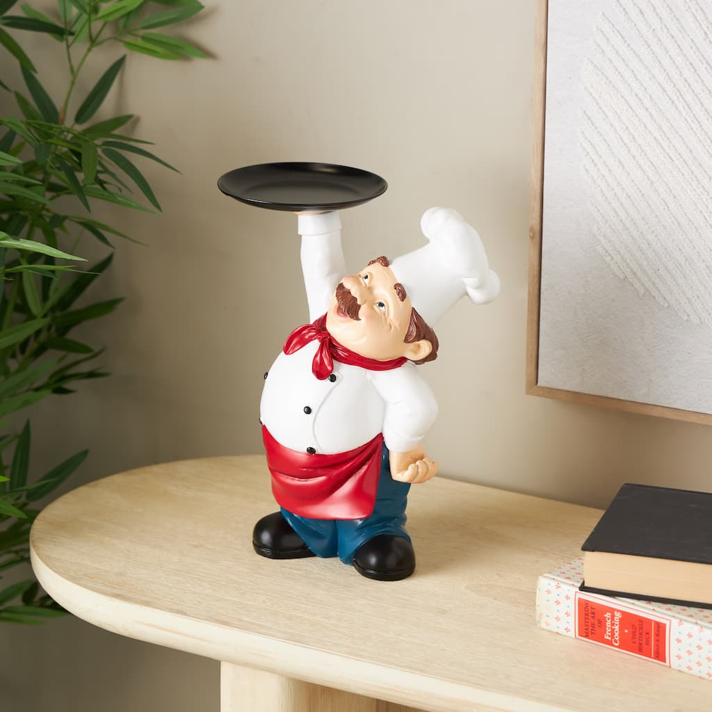 White Polystone Kitchen Decorative Figurine Chef Decorative Sculpture with Black Tray