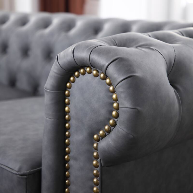 Classic Tufted Faux Leather Couch Living Room Chesterfield Sofa with Nailhead Trim, Pillows and Removable Cushions