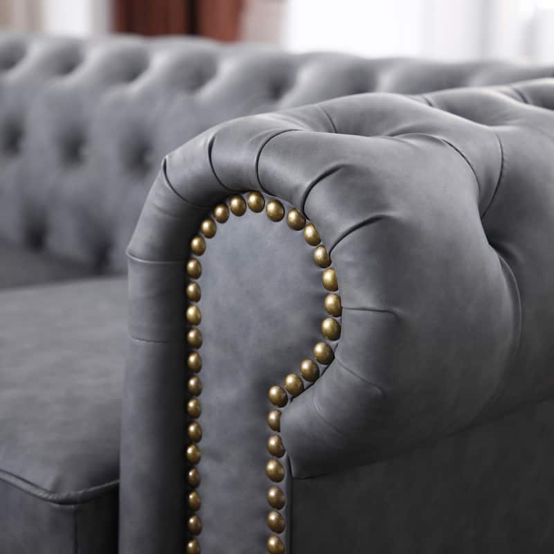 Faux Leather Upholstered 3-Seater Living Room Sofa with Button and Copper Nail on Arms, Classic Chesterfield Sofa