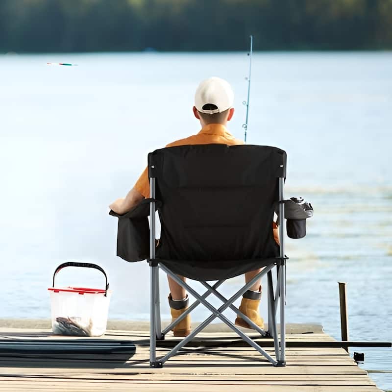 Black Steel Oxford Camping Folding Chair 350lb Foldable Seat with Storage Bags - 24.8" L x 38.58" W x 38.98" H
