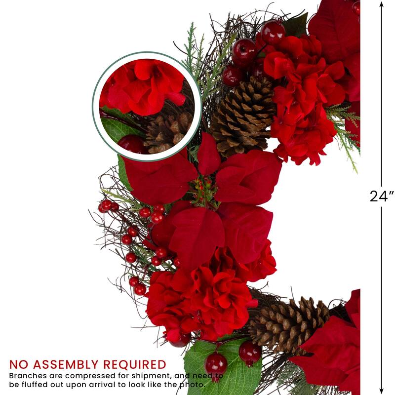 Red Poinsettia Hydrangea Flowers Berries Artificial Wreath 24"