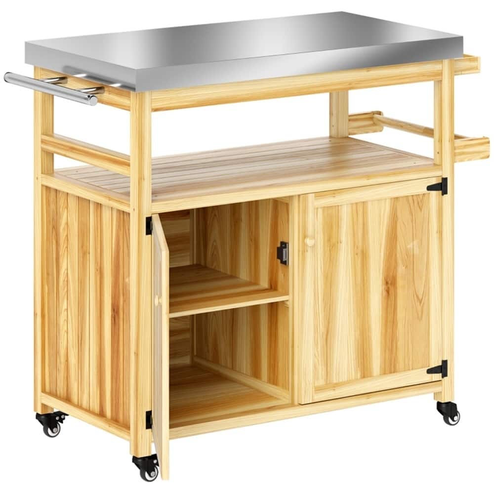 Natural Wood and Stainless Steel Grill Cart with Cabinets, Spice Rack, Towel Holder, and Swivel Casters