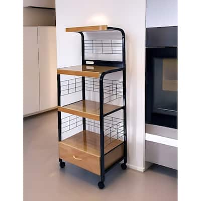 HomeRoots Black and Natural 26" Rolling Kitchen Cart With Storage - 25.5' X '59.5' X '17