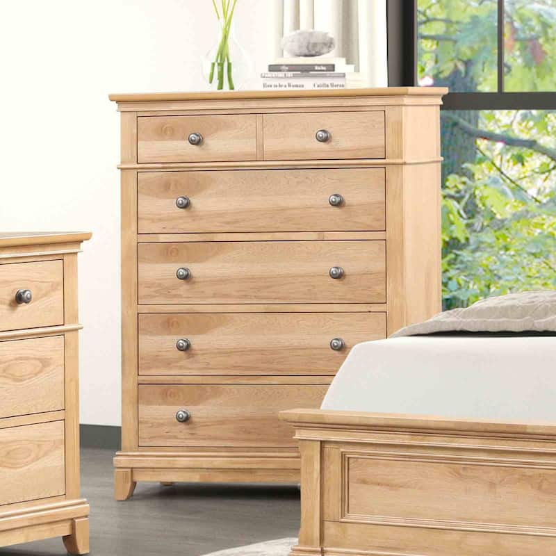 Farmhouse Natural Oak Finish Bedroom Set Bed Nightstand Dresser Mirror Chest