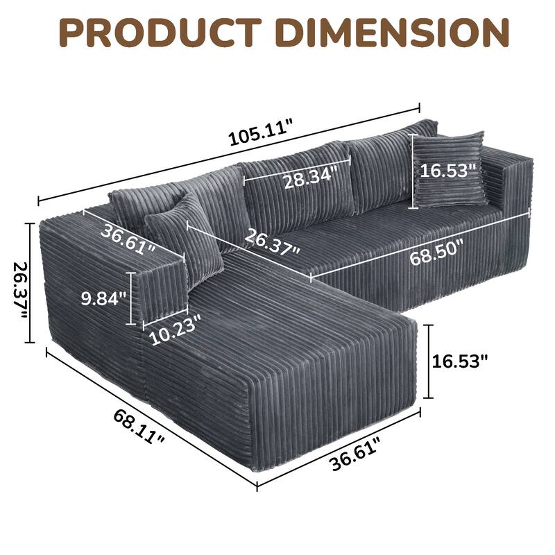 105" Gray L-Shaped Modular Sofa, Foam, 6 Pillows, Space-Saving (Right Chaise)