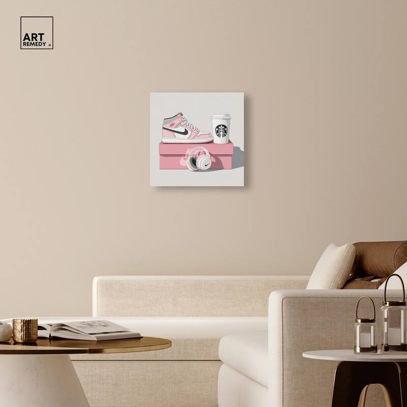 Pink Sneaker and Headphones Canvas by Art Remedy, Gallery Wrapped