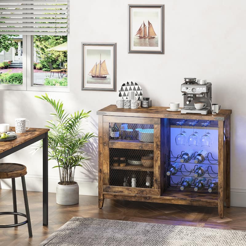 Wine Bar Cabinet with Storage Sliding Door & LED Lights - 42 inch