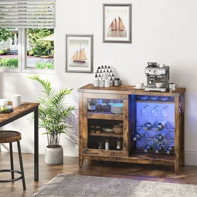 Wine Bar Cabinet with Storage Sliding Door & LED Lights