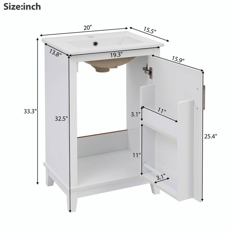 Modern 20-Inch Small Bathroom Vanity Cabinet with Ceramic Basin