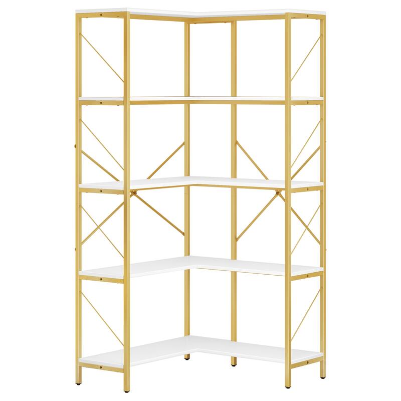 Moasis 65.9-Inch Corner Bookshelf 5-Tier Industrial Display Bookcase - White/Gold