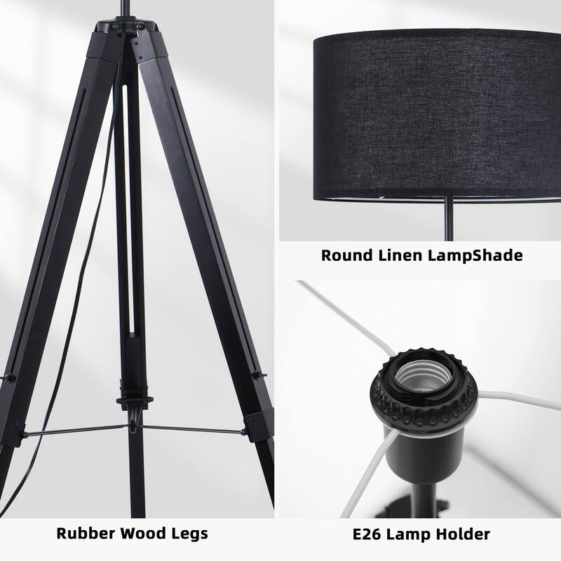 58 in. Modern Tripod Floor Lamp with Rubberwood Base and Linen KD Lampshade, Adjustable Height for Bedroom, Living Room