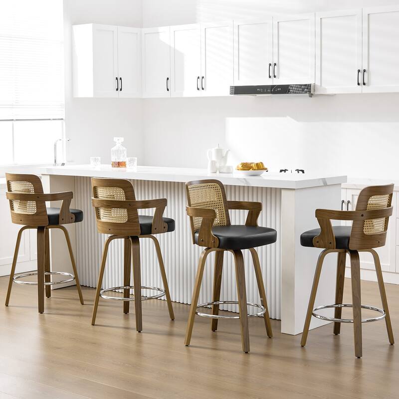 Upholstered Wood Swivel Counter Height Barstool with Arms - 37.8"H x 18.7"W x 19.29"D - Set of 4 - Black-Rattan Back