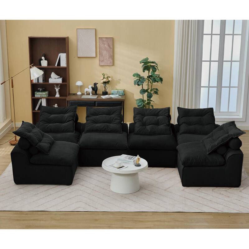 U Shaped Modular Couch for Living Room, 132" Corduroy Upholstered Sofa, Modern Neck Pillow-Back Lounge Couches