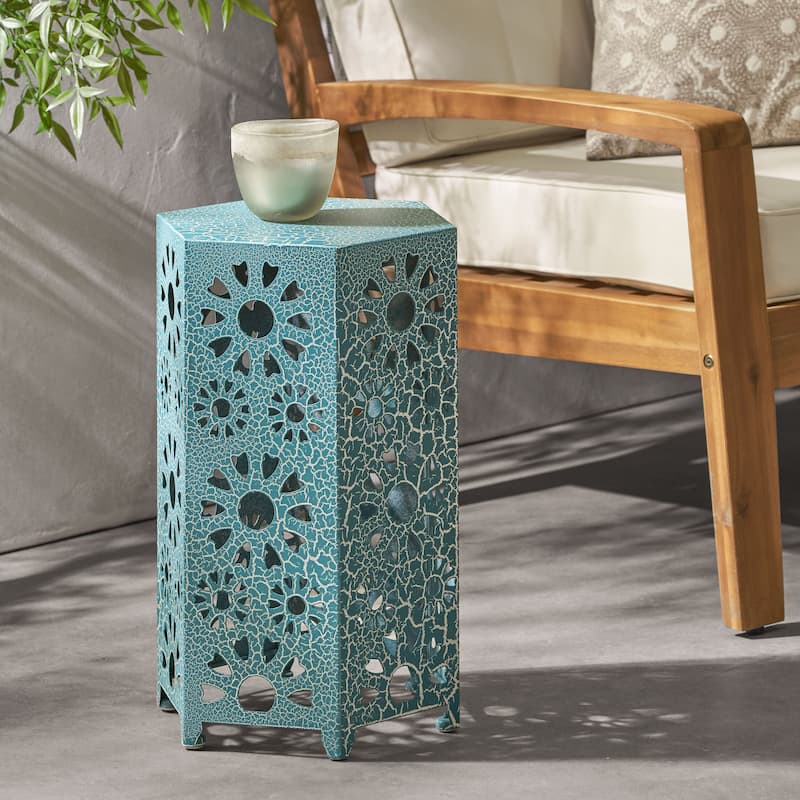 Outdoor 12-inch Floral Hexagon Side Table by Christopher Knight Home - Teal