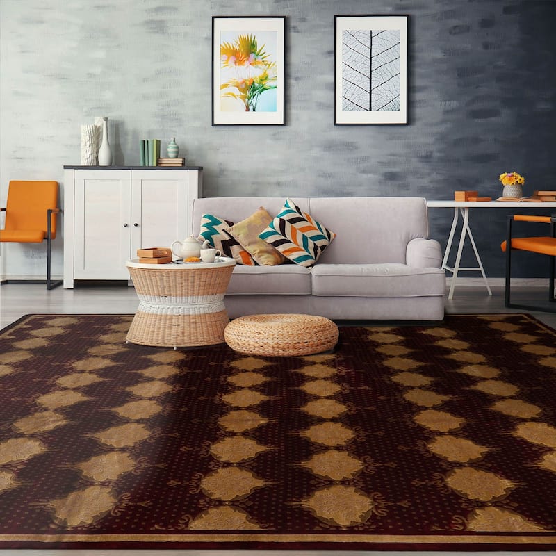 Hand Knotted Burgundy Savonnerie Wool Traditional Oriental Area Rug - 9' x 12'