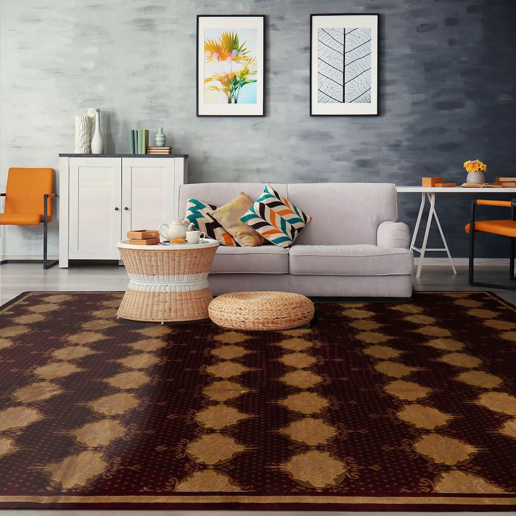 Hand Knotted Burgundy Savonnerie Wool Traditional Oriental Area Rug - 9' x 12'