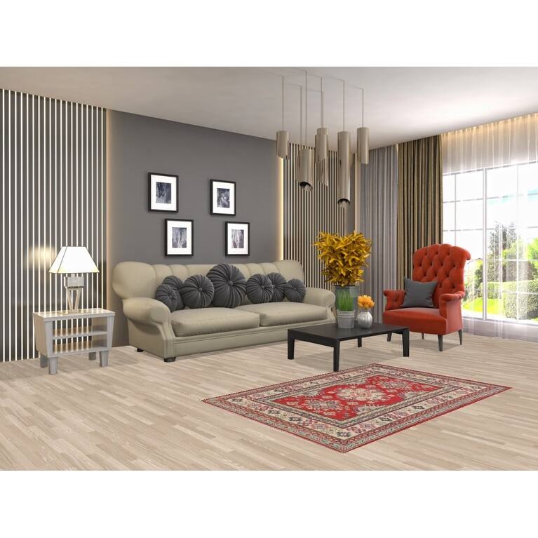 Geometric Kazak Accent Rug Handmade Red Wool Carpet - 3'2"x 5'0"