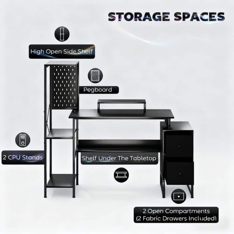 Gaming Desk with Storage and LED Lights, Computer Desk with Power Outlets USB C and Monitor Shelf for Home Office