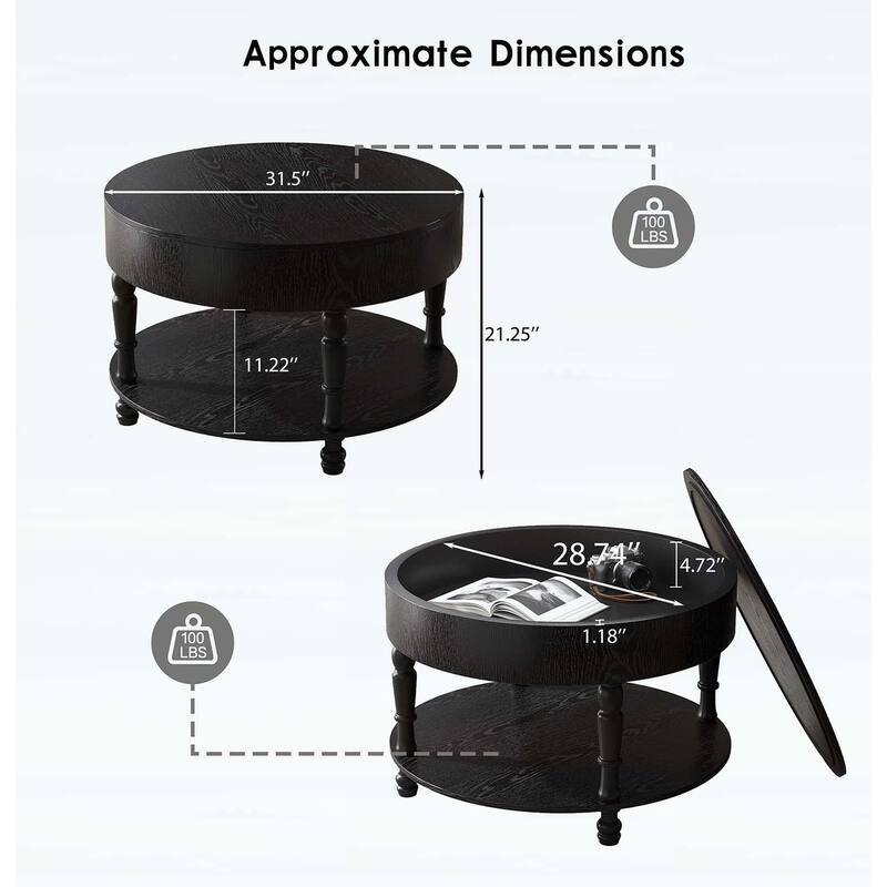 Round Coffee Table with Dual Storage,Hidden Compartment,and Adjustable Feet for Living Room