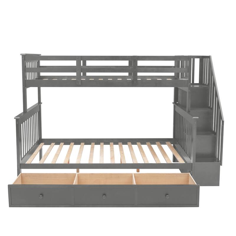 Stairway Bunk Bed with Drawers and Storage Steps, Twin Over Full Storage Platform Bed with Slide, Ladder, Guardrails and Armrest