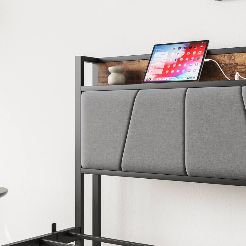 Twin Size Bed Frame with Storage Headboard and Charging Station, Metal & Wood, No Box Spring Needed