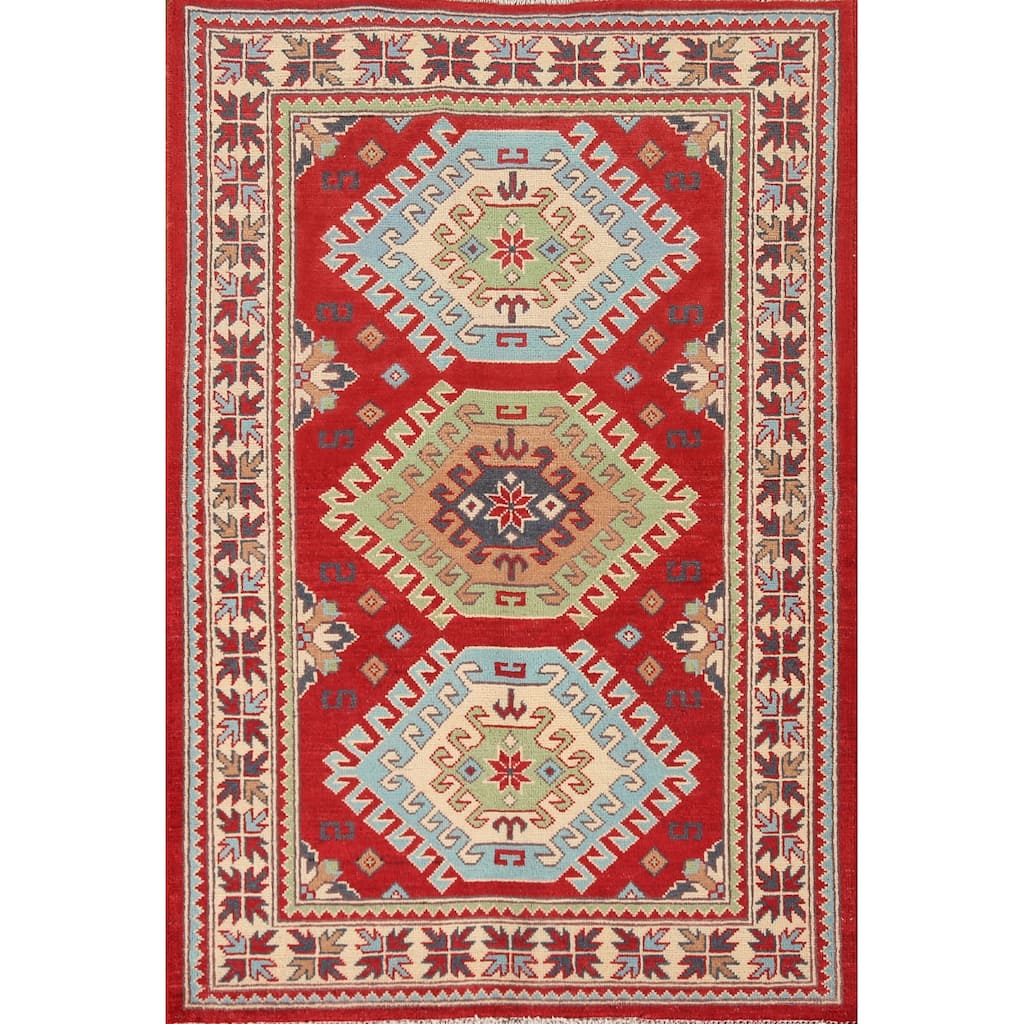 Geometric Red Kazak Rug Hand-Knotted Traditional Bedroom Wool Carpet - 3'4"x 4'10"