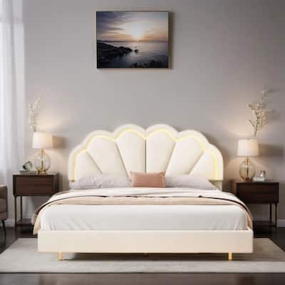 Queen Size Upholstered Smart LED Bed with Flowers Headboard, Floating Velvet Platform LED Bed with Wooden Slats Support, Beige